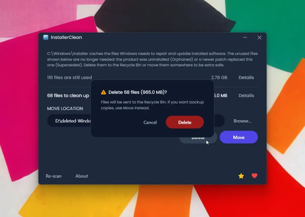 Delete confirmation dialog showing the file count and space about to be freed