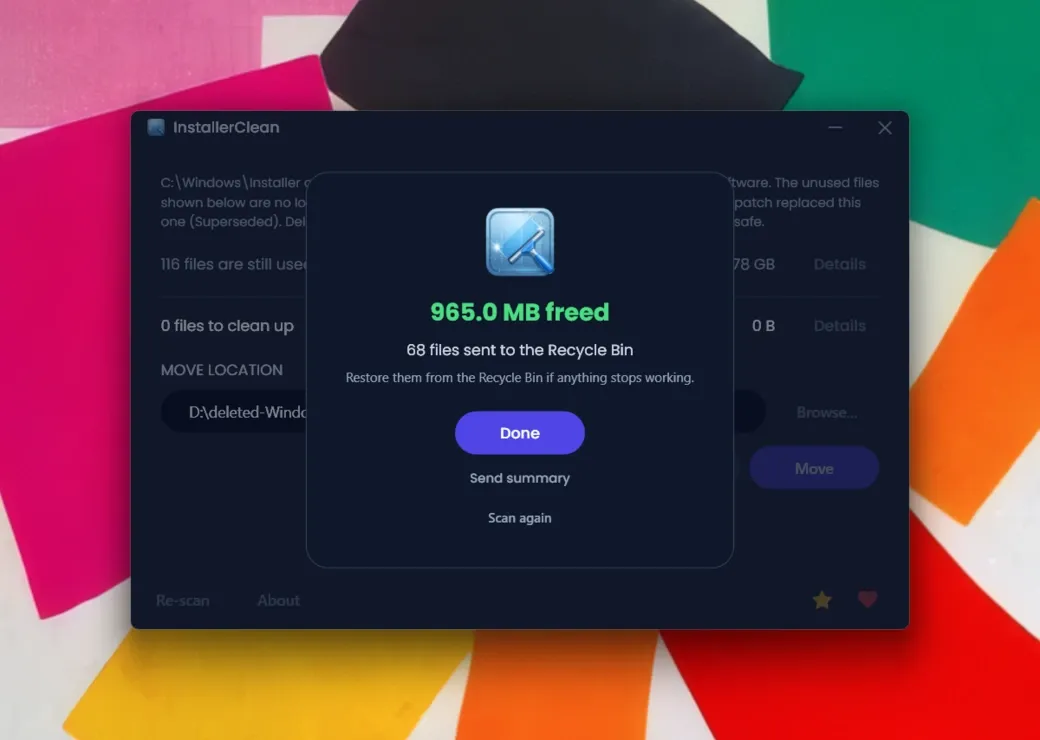 Completion screen with the amount of space freed and the restore hint